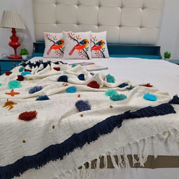 Hand Embroidered Decorative Throw Blanket with Pom Pom